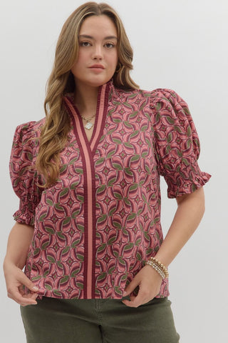 Entro Abstract Smocked Cuff Band Top In Wine PLUS Sizes