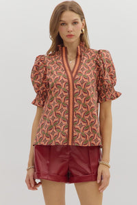 ENTRO Abstract Smocked Cuff Top In Terra Cotta