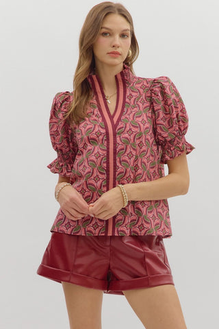 ENTRO Abstract Smocked Cuff Top In Wine