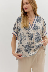 ENTRO Floral Short Sleeve Dolman Top In Blue Grey