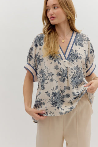 ENTRO Floral Short Sleeve Dolman Top In Blue Grey