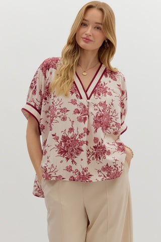 ENTRO Floral Short Sleeve Dolman Top In Burgundy