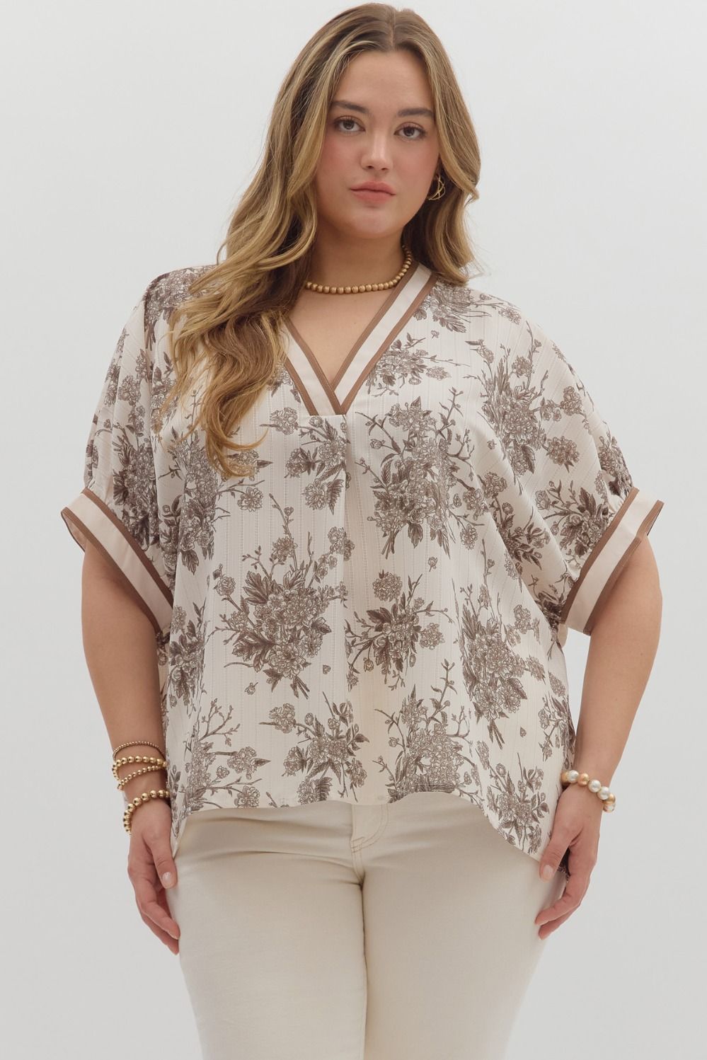 Entro Floral Oversized Pullover Dolman Top In Mocha PLUS Sizes