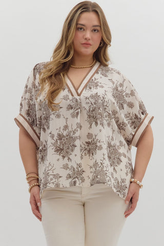 Entro Floral Oversized Pullover Dolman Top In Mocha PLUS Sizes
