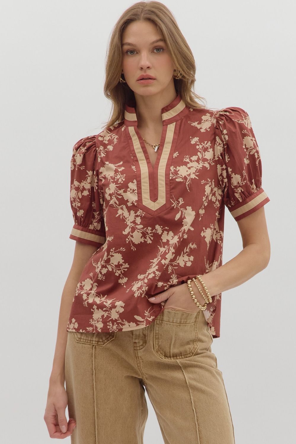 Entro Floral Caftan Top In Red Bean *COMING SOON*