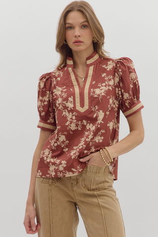 Entro Floral Caftan Top In Red Bean *COMING SOON*