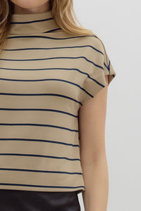 ENTRO Striped Mock Neck Jersey Pullover In Light Taupe