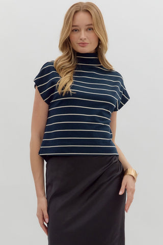 ENTRO Striped Mock Neck Jersey Pullover In Navy
