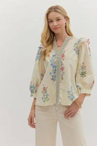 ENTRO Floral 3/4 Sleeve Top With Contrast Binding In Cream *COMING SOON*