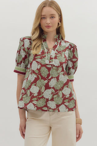 ENTRO Floral V Neck With Multi Band Sleeves In Burgundy