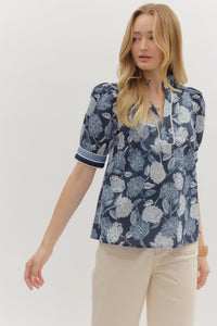 ENTRO Floral V Neck Top In Navy