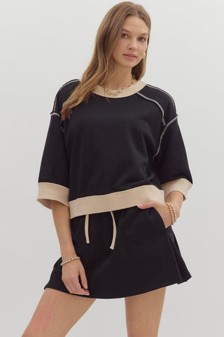 ENTRO Solid Pullover With Contrast Trim In Black *COMING SOON*