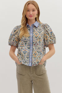 ENTRO Floral Diamond Pattern Puff Sleeve Top In Blue Multi