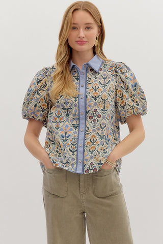 ENTRO Floral Diamond Pattern Puff Sleeve Top In Blue Multi