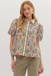 ENTRO Floral Diamond Pattern Puff Sleeve Top In Red Multi