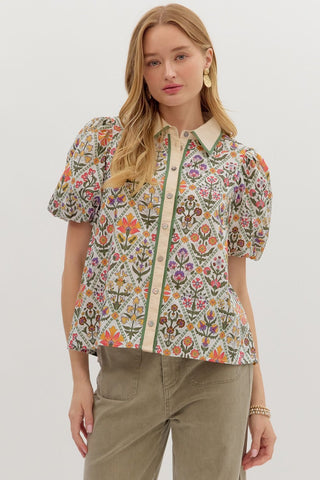 ENTRO Floral Diamond Pattern Puff Sleeve Top In Red Multi