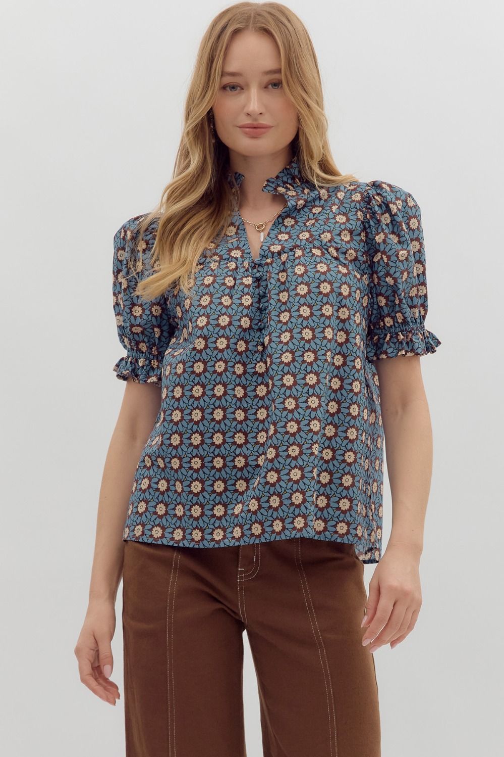 ENTRO Floral Ruffle Edge V Neck Top In Chambray *COMING SOON*