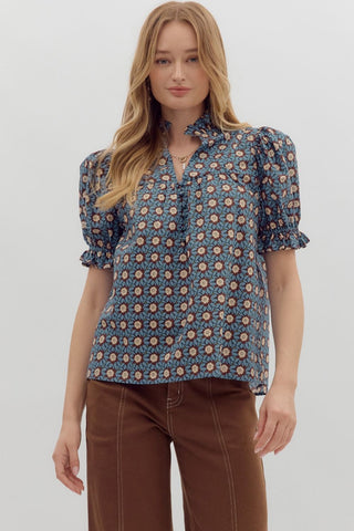 ENTRO Floral Ruffle Edge V Neck Top In Chambray *COMING SOON*