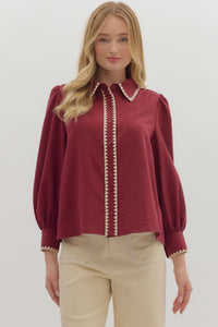 ENTRO Solid Long Sleeve Button Up With Blanket Stitch Edging