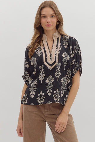 ENTRO Botanical Abstract Dolman Top In Black