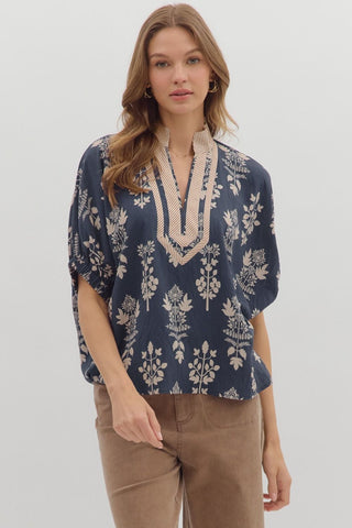 ENTRO Botanical Abstract Dolman Top In Navy