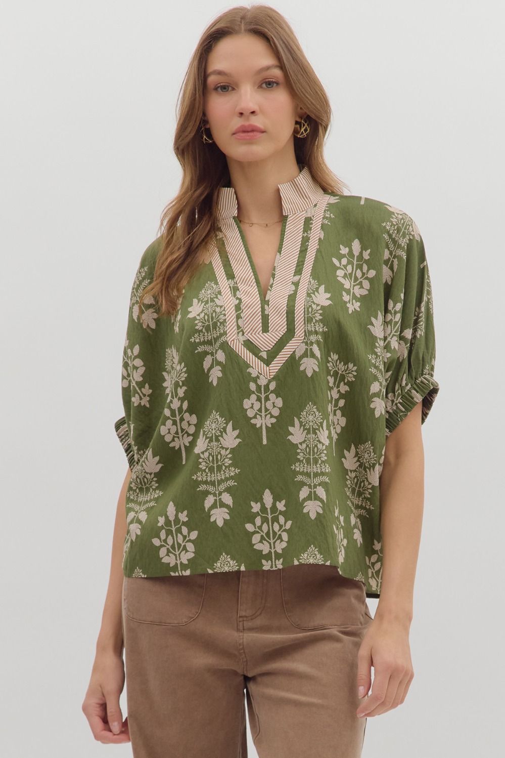 ENTRO Botanical Abstract Dolman Top In Olive