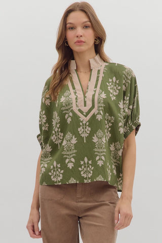 ENTRO Botanical Abstract Dolman Top In Olive