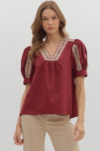 ENTRO Solid Cuff Sleeve Top With Embroidered Lace In Burgundy *COMING SOON*