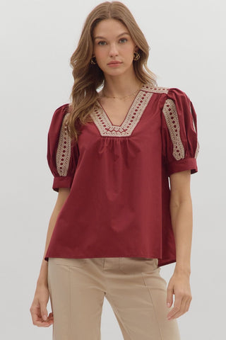 ENTRO Solid Cuff Sleeve Top With Embroidered Lace In Burgundy *COMING SOON*