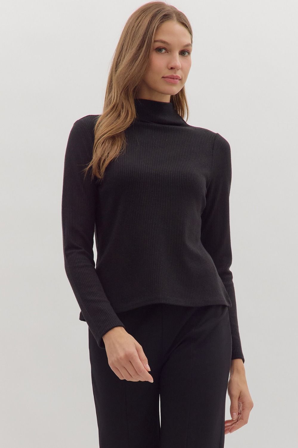 Entro Solid Long Sleeve Mock Neck Sweater Top In Black *COMING SOON*