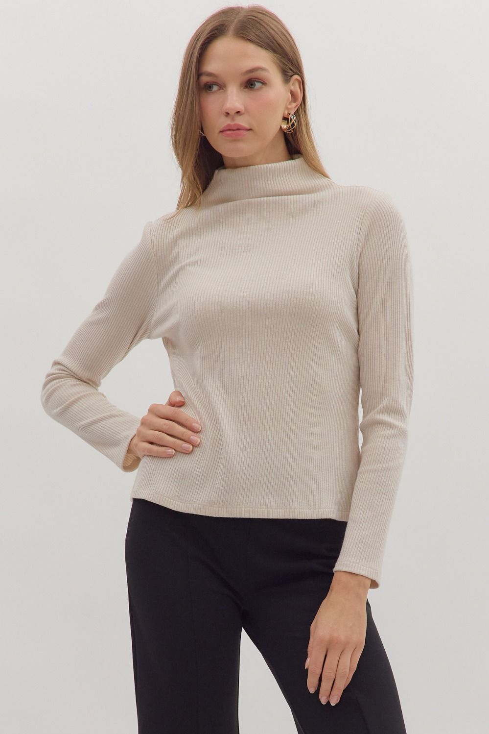 Entro Solid Long Sleeve Mock Neck Sweater Top In Pearl *COMING SOON*