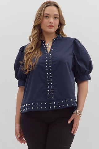 Entro Solid Cuff Bank Top With Stud Accents In Navy PLUS Sizes