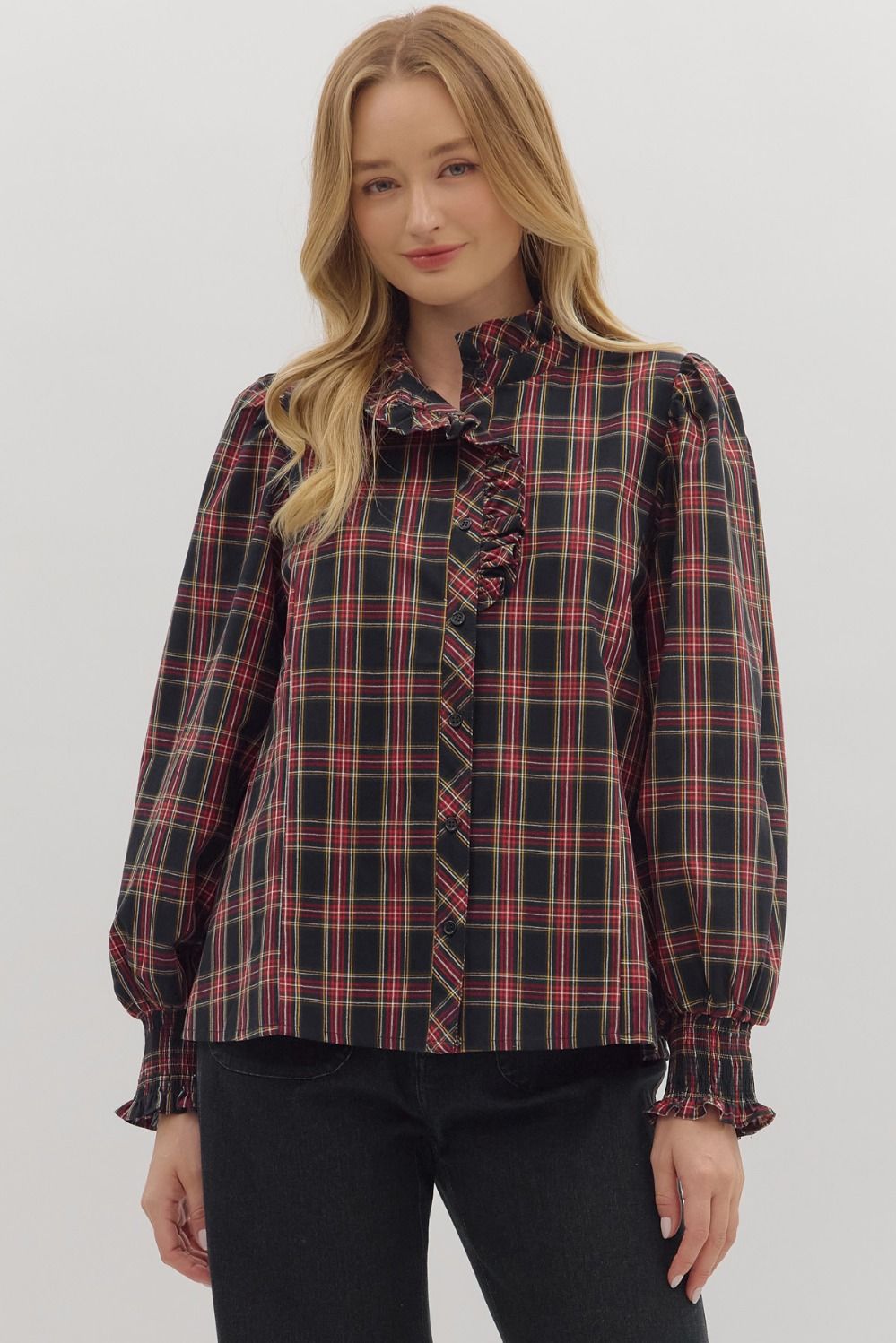 Entro Plaid Long Sleeve Ruffle Neck Top In Dark Navy