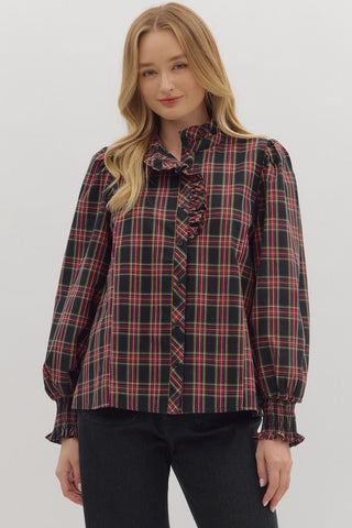 Entro Plaid Long Sleeve Ruffle Neck Top In Dark Navy