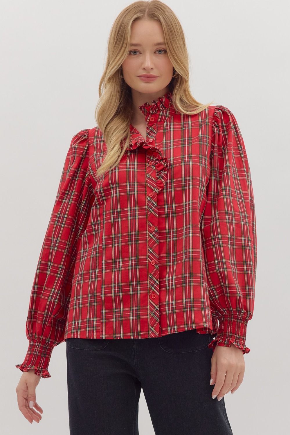ENTRO Long Sleeve Red Plaid Button Up