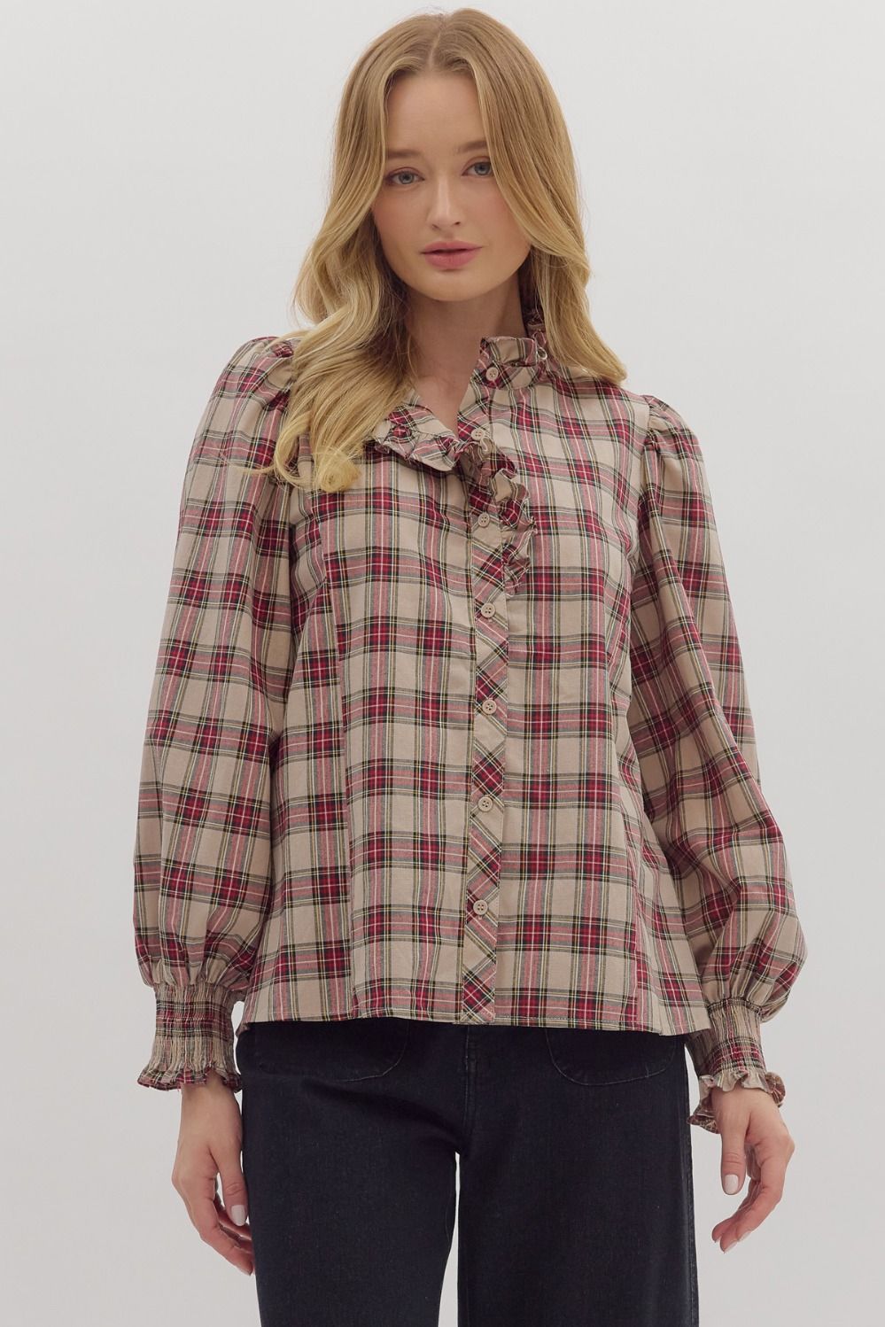 Entro Plaid Long Sleeve Ruffle Neck Top In Taupe