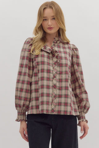 Entro Plaid Long Sleeve Ruffle Neck Top In Taupe