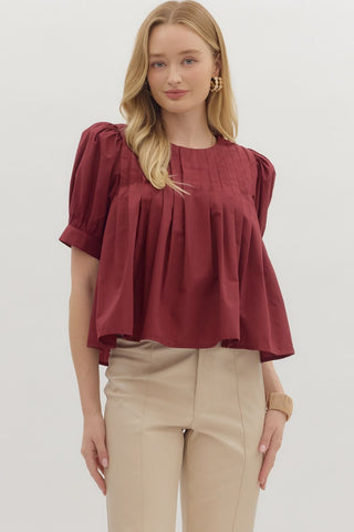 ENTRO Solid Pintuck Top In Burgundy