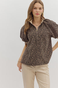 ENTRO Leopard Puff Sleeve Half Zip In Mocha