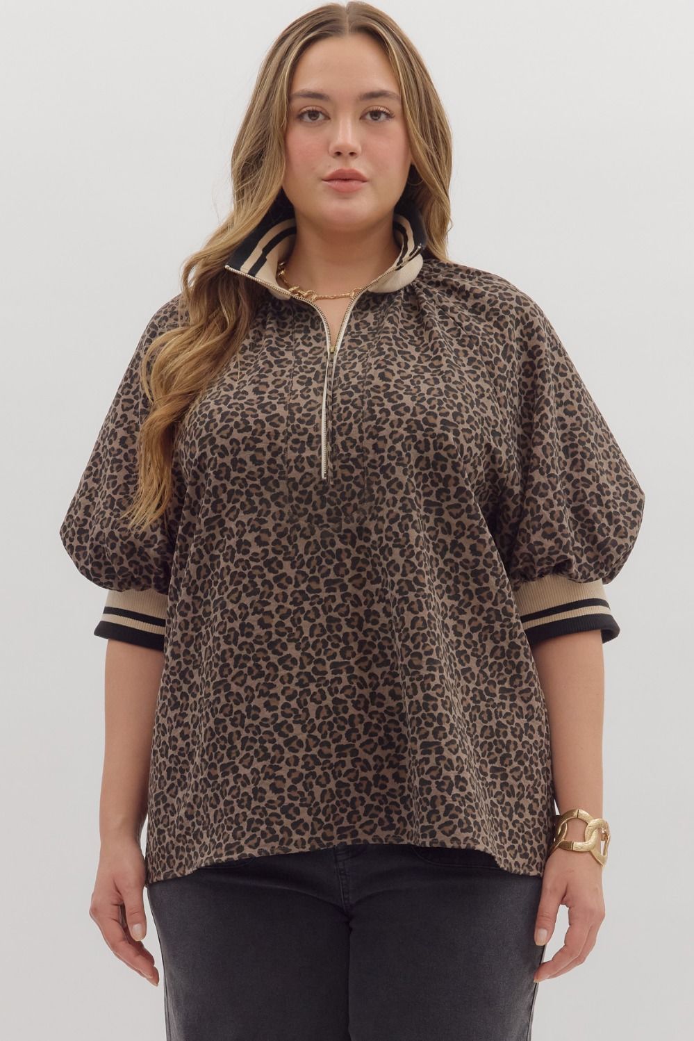 ENTRO Leopard Half Zip Top In Mocha PLUS Sizes