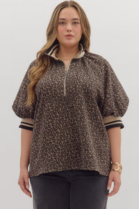 ENTRO Leopard Half Zip Top In Mocha PLUS Sizes