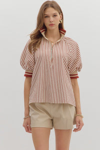 ENTRO Stripe Half Zip Top In Brick