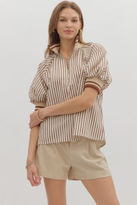 ENTRO Stripe Half Zip Top In Caramel