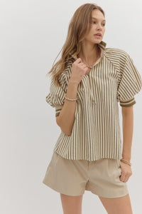 ENTRO Stripe Half Zip Top In Olive