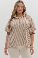 Entro Striped Half Zip Top PLUS Sizes In Caramel