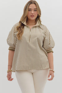 Entro Stripe Half Zip Puff Sleeve Top In Olive PLUS Sizes