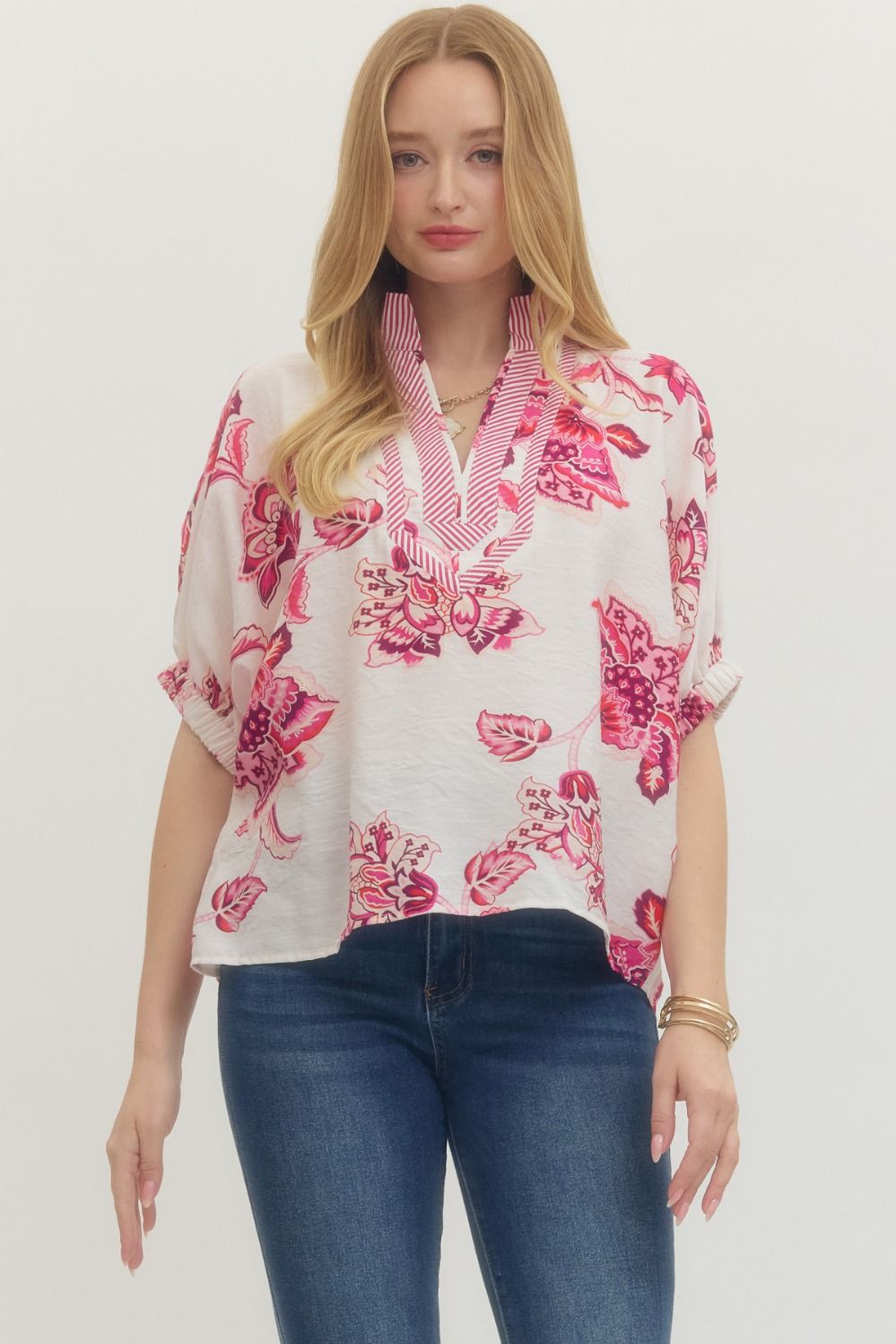 Entro Floral Print Short Sleeve Dolman Top In Pink *COMING SOON*