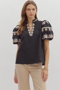 ENTRO Solid Embroidered Sleeve & Trim Top In Black *COMING SOON*