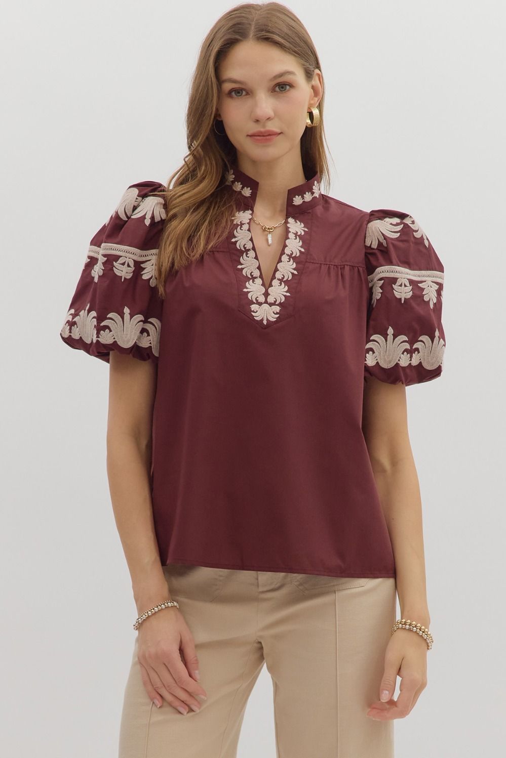 ENTRO Solid Embroidered Sleeve & Trim Top In Burgundy *COMING SOON*