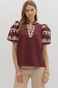 ENTRO Solid Embroidered Sleeve & Trim Top In Burgundy *COMING SOON*